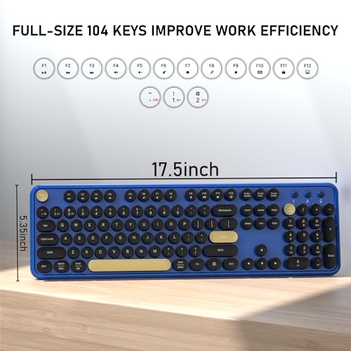 COVEVA Colorful Wireless Bluetooth Keyboard, 2.4G & Dual Bluetooth Multi-Device Keyboard, Typewriter Retro Round Keycaps 104 Keys Full-Size Keyboard for PC Laptop Tablet Phone (Black-Blue)