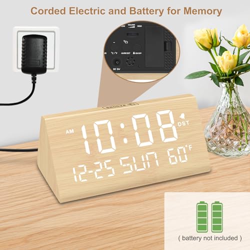 DreamSky Digital Alarm Clocks for Bedrooms - Wooden Desk Clock with Date, Day of Week, USB Port, Temperature, Dimmer for Bedside Table, Living Room, Office, Adjustable Volume, Auto DST, Wood Decor