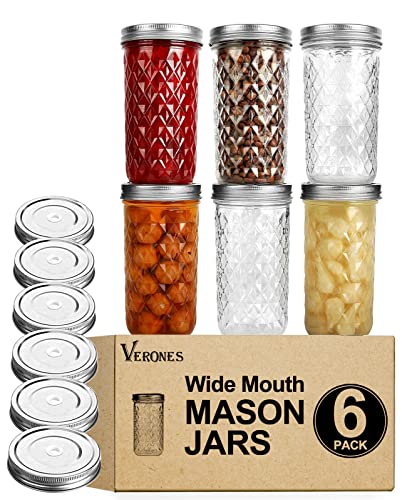 VERONES Wide Mouth Mason Jars 22 oz, 22 OZ Mason Jars Canning Jars Jelly Jars With Wide Mouth Lids, Ideal for Jam, Honey, Wedding Favors, Shower Favors, 6 PACK,EXTRA 6 Lids with Straw Hole