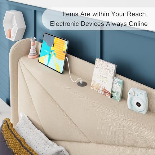 Feonase Twin Bed Frame, Upholstered Bed Frame with Charging Station, Wingback Storage Headboard, No Box Spring Needed, Noise-Free, Beige