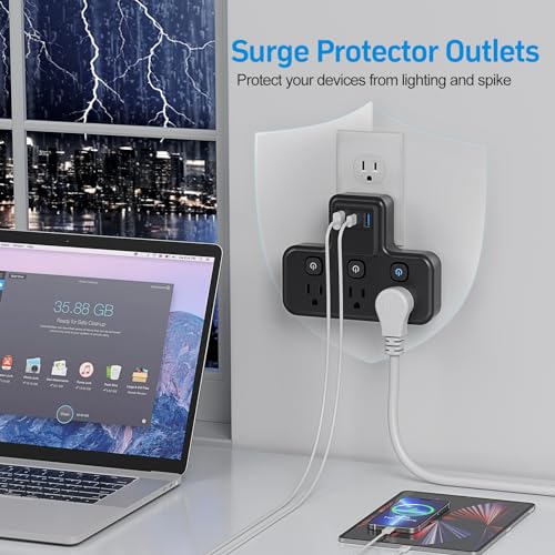Multi Plug Outlet Extender, 1875W|15A Surge Protector Wall Outlets Extender with USB Wall Charger(1 PD20W USB C), PASSUS Multiple Plug Expander Splitter for Home Office Dorm Room Essentials