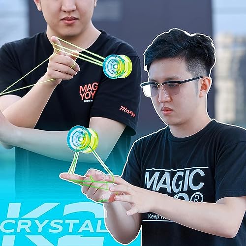 MAGICYOYO Yoyo K2 Crystal Pack of 2 Yoyos, Dual Function Responsive Yo Yo for Kids Beginner + Unresponsive Yo Yo Bearing Kit for Adults+12 Strings+2 Sacks (Black Orange+Black Blue)
