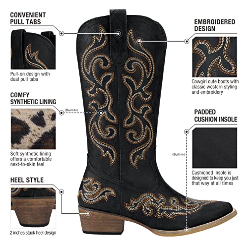 HISEA Rollda Cowboy Boots for Women Western Cowgirl Boots with Chunky Heel Ladies Snip Toe Mid-Calf Boots Black Size 6