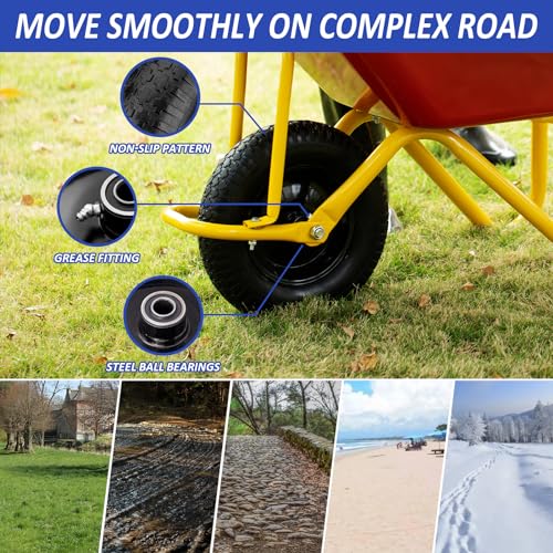 4.80/4.00-8" Flat Free Tire and Wheel 14.5" Wheelbarrow Tire,with 5/8" Axle Bore Hole,3"Center Hub and 3/4" Bearings,Universal Replacement Solid Tire for Hand Truck/Utility Cart/Garden Cart