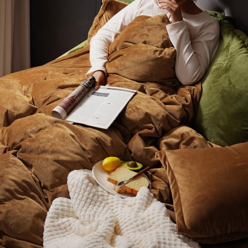 PHF Super Soft Velvet Duvet Cover Queen Size, 3pcs Luxurious Breathable Velour Fluffy Comforter Cover with 8 Ties, Cozy Flannel Duvet Cover with Pillow Shams, Zipper Closure, 90"x90", Camel
