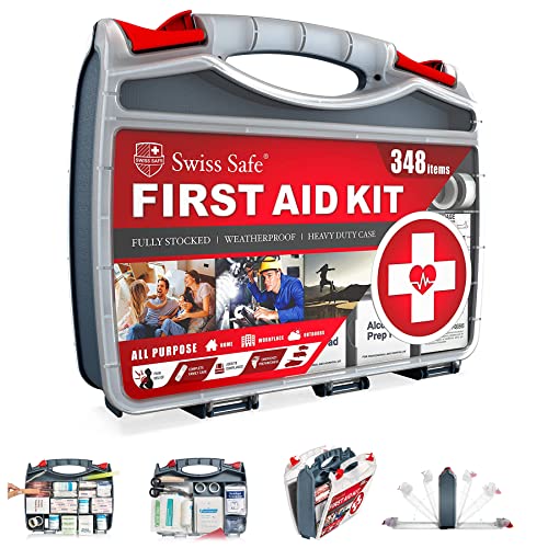 Swiss Safe 2-in-1 First Aid Kit for Car, Travel & Home, Businesses - Bonus Mini Kit for Medical Emergency Aid, Survival, Camping - FSA & HSA Eligible - 348 Piece, 1 Pk - Red - Large Hardcase