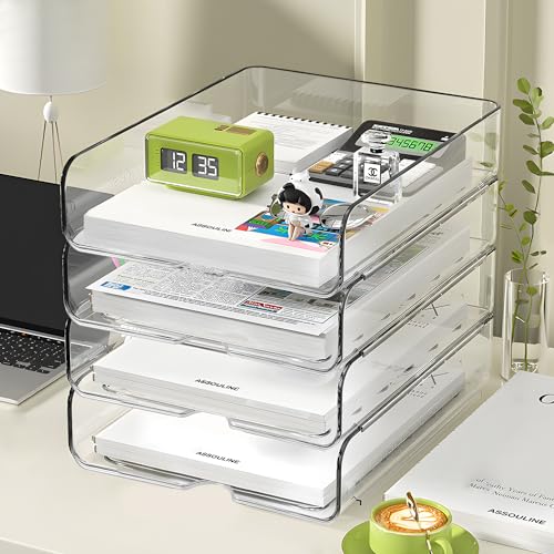OUTIOE 4-Tier Paper Organizer for Desk, Stackable Desk Organizer Paper Tray, Desk Accessories & Workspace Organizers, Ideal for Office Supplies, Paper Storage (Clear) (4-Tier)