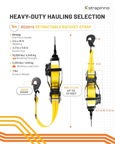 Strapinno Retractable Ratchet Tie-Down Strap, 2in x 15ft Heavy-Duty with Snap Hooks,10,000lbs Breaking Strength & 3,333lbs Working Load Limit, Comes with a 36-Inch Axle Strap (Direct Hook 1PC)