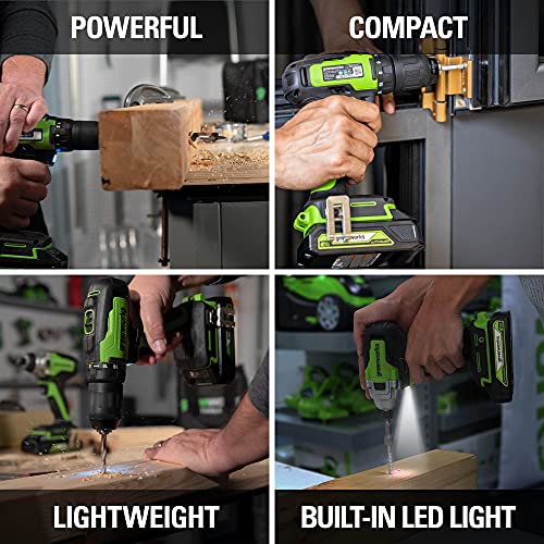 Greenworks 24V Brushless 310 in./lbs Drill / Driver + 2650 in./lbs Impact Driver Combo Kit, (2) USB (Power Bank) Batteries and Dual Port Charger Included LED Light, 2pcs Driving Bits with Tool Bag