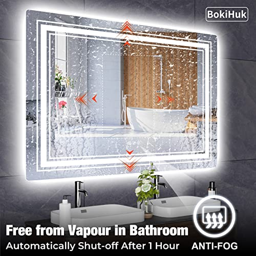 BokiHuk Led Bathroom Mirror with Lights, 40x24 inch Wall Mounted Lighted Vanity Mirror, Makeup Mirror Dimmable Anti-Fog with 3 Colors Light, Waterproof (Backlit & Front-Lighted)