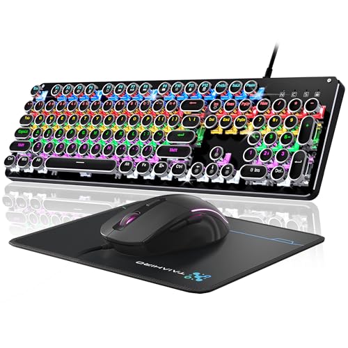 Typewriter Mechanical Gaming Keyboard and Mouse, Metal Panel Retro Keyboard with Round Keycap Blue Switch, RGB Backlit 104 Keys Anti-Ghost Wired Keyboard Mouse and Pad Combo for PC Laptop Mac Gamer