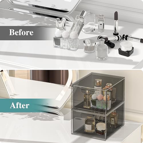 SpaceHacks Stackable Makeup Organizer and Storage, Acrylic Organizers,Clear Plastic Storage Drawer with Pull-Out Handles for Vanity, Undersink, Kitchen Cabinets, Pantry, Black
