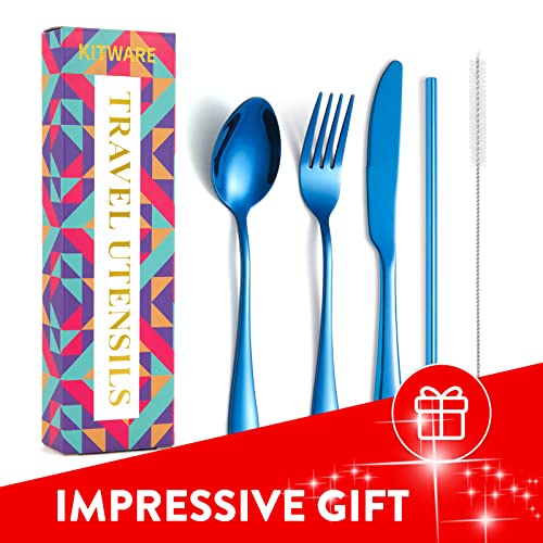 Blue Travel Utensil Set, Set of 6 Reusable Silverware for Lunch, Portable Utensils Set, Stainless Steel Camping Cutlery, Colored Flatware Set, Include Knives Forks and Spoons