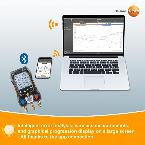 testo 550s AC Manifold Gauge Set – Manifold Gauges Hvac and Refrigeration – Incl. 2x testo 115i Pipe Clamp Thermometer, 1x testo 552i Micron Gauge and a Set of 3 Hoses – with Bluetooth