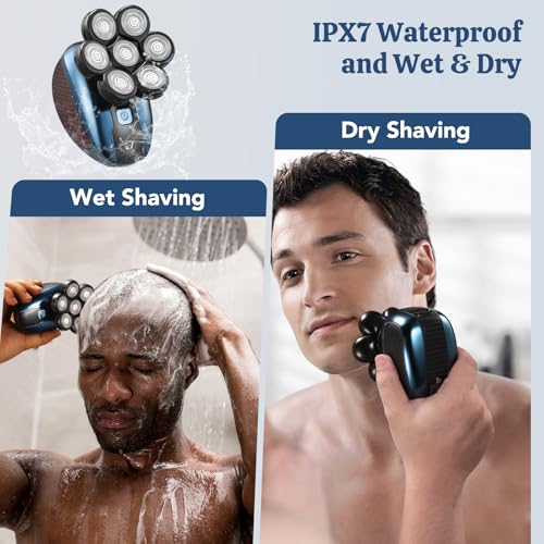 Paubea Head Shavers for Bald Men, 6 in 1 Detachable 7D Head Shaver, Electric Razor with Hair Sideburns Trimmer, Waterproof Wet&Dry, Cordless Mens Grooming Kit, Rechargeable Electric Shavers - Blue