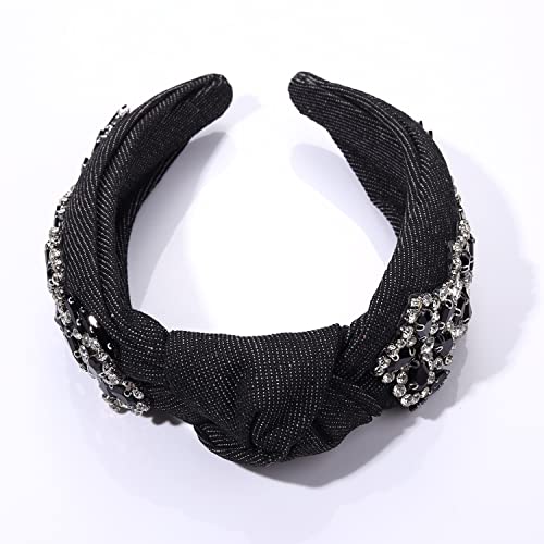 GLBCC Flower Knot Headband Rhinestone Crystal Flower Knotted Hairband Headpiece Wide Vintage Head Band for Women Spring Summer Hairpiece Hair Accessories Gift (black flower hairband)