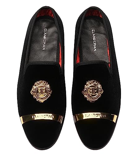 ELANROMAN Black Men Dress Velvet Loafers Gold Buckle Fashion Designer Penny Slippers Wedding Party Dance Shoes US 8
