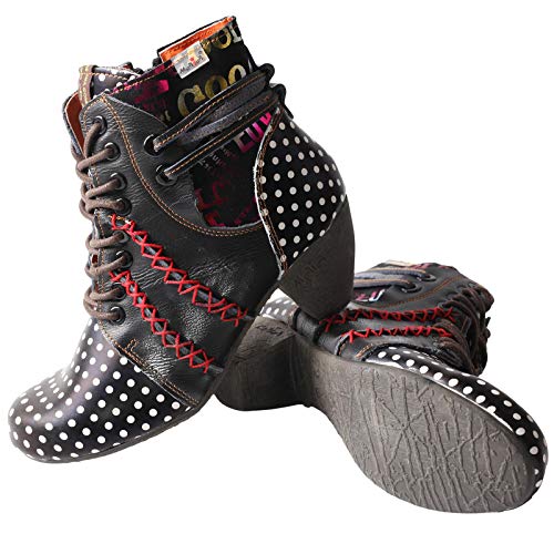TMA EYES Boots for Women Lace-up Polka Dot Chunky Heels Ankle Boots(White,6)