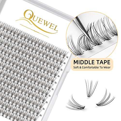 QUEWEL Cluster Lashes 72 Pcs Wide Stem Individual Lashes C/D Curl 8-16mm Length DIY Eyelash Extension False Eyelashes Natural&Mega Styles Soft for Personal Makeup Use at Home (Natural-D-18)