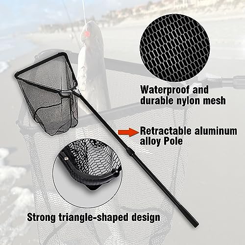 Fiblink Folding Aluminum Fishing Landing Net Fish Net with Extending Telescoping Pole Handle(Extend Length: 44-60 inches-with Larger net)