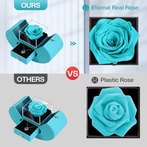 Preserved Real Cyan Rose Gift with I Love You in 100 Languages Necklace, Cute Gifts for Girlfriend, Women, Mom, Wife, Gifts Idea on Christmas, Valentine's Day,Birthday, Mother's Day