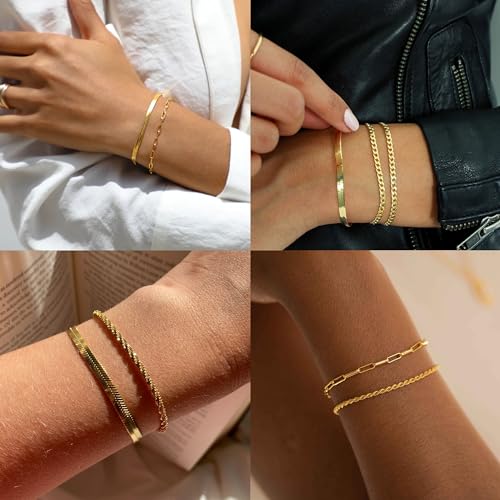 Reoxvo Gold Bracelets for Women,Dainty 14K Gold Plated Brass Chain Link Bracelet Set for Women Trendy Stack Bracelets Jewelry for Women