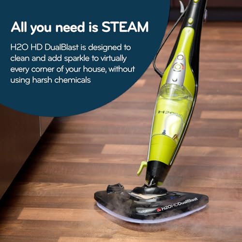 H2O HD Dual Buff Steam Mop, 8 in 1 Handheld Steam Cleaner For Kitchen Tile Floors, Hardwood Floors, Grout Cleaner, Upholstery Cleaner and Carpets, 2 washable scrub pads, 8 cleaning accessories