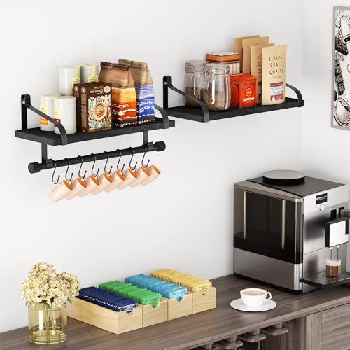 Love-KANKEI Floating Shelves for Coffee Bar,Bathroom Shelves with Towel Bar, Wall Shelves with 8 Hooks for Kitchen, Storage Shelf Set of 2 for Bedroom,Living Room,17.3 Inch Black