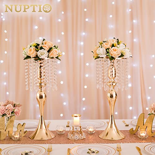 2 Pcs 21.3 inches Tall Crystal Flower Stand Wedding Road Lead Flowers Holders Centerpiece Metal Chandelier for Reception Tables Supplies