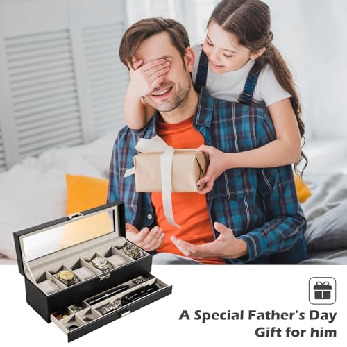 ProCase Watch Box for Men, 3 Slot Watch Display Case with Drawer, Mens Watch Case With Glass Lid, 2-Layer Jewelry and Watch Storage Watch Holder Organizer for Men Women -3 Slot, Black