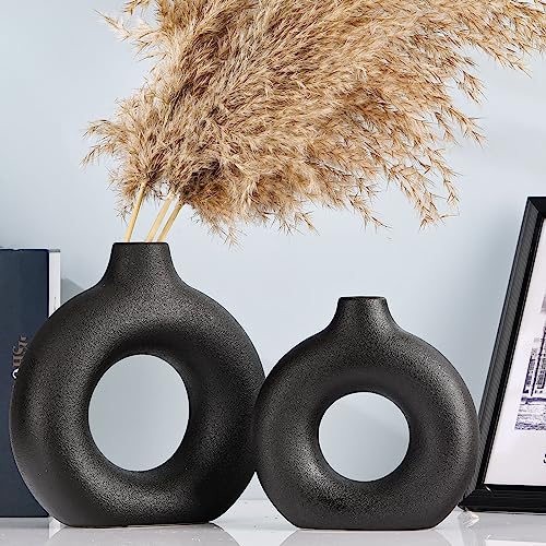 Matte Black Ceramics Vase for Home Decor,Minimalist Nordic Hollow Donut Vase Set of 2,Modern Boho Decor for Kitchen Table Centerpiece,Living Room,Fire Place,Bookshelf,Office,Entryway,Console