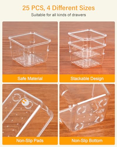 LUSCREAL 25 PCS Plastic Drawer Storage, 4 Sizes Clear Drawer Organizers, Versatile Drawer Dividers for Bathroom, Vanity, Makeup, Utensil, Kitchen and Office