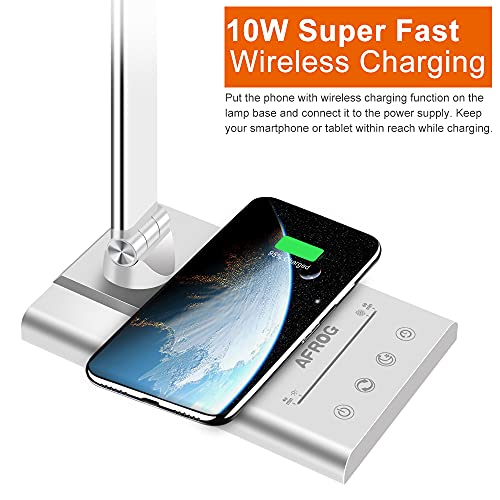 AFROG 5th Gen Multifunctional LED Desk Lamp with 10W Fast Wireless Charger, USB Charging Port,1800Lux Super Bright,5 Lighting Mode,7 Brightness, Touch Control, Auto Timer, 15W Office Table Lamp