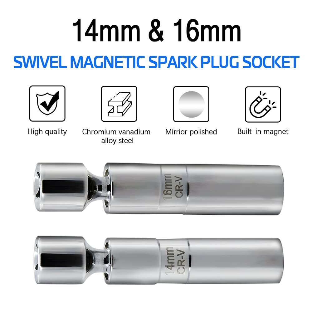 A ABIGAIL 14mm and 16mm Thin Wall Swivel Magnetic Spark Plug Socket 3/8 Inch Drive 12-Point Spark Plug Socket Removal Tool Compatible with Motorcycle, Car, SUV, BMW,Nissan, Mini, Mercedes