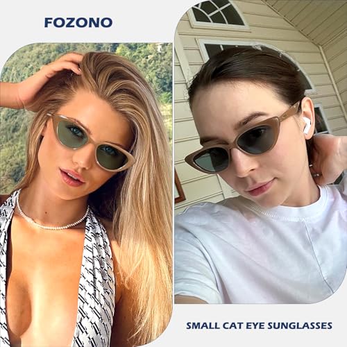 Fozono Retro Vintage Narrow Cat Eye Sunglasses for Women 90s Small Chic Style Trendy Sunnies UV400 Protection FZN7514(Brown/Green)
