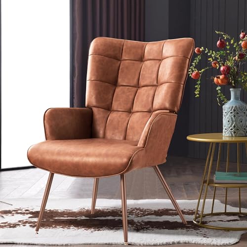 Kosydown Basic Leather Accent Chair, Brown Living Room Chair,High Back Accent Chair,PU Faux Leather Wingback Chair, Bedroom Chair