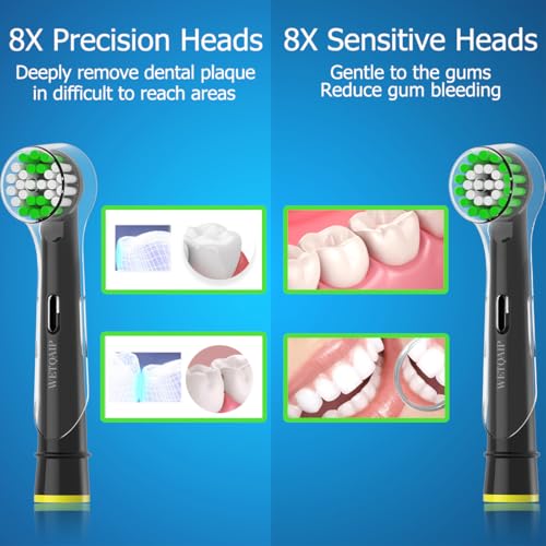 Wetqaip Replacement Heads Compatible with Oral b Braun Electric Toothbrush, Toothbrush Heads for Pro 1000 500 1500 Health Genius X, 8 Sensitive+8 Precision+16 Cover Caps-Black