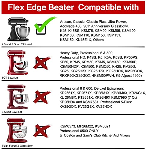 Flex Edge Beater for KitchenAid Tilt-Head Stand Mixer, 4.5-5 Quart Flat Beater Paddle with Flexible Silicone Edges Bowl Scraper, Grey