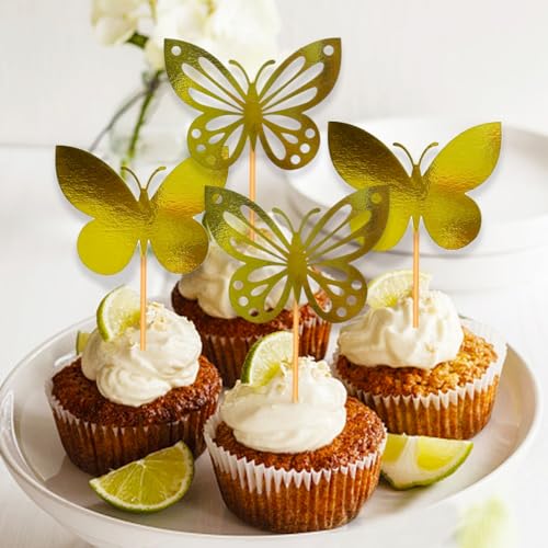 Blopee Cupcake Toppers, Butterfly Cupcake Toppers for Birthday Party, 24 pcs Gold Cupcake Toppers, Butterfly Shaped Happy Birthday Cupcake Toppers for Bridal Baby Shower Girls Women Wedding Party