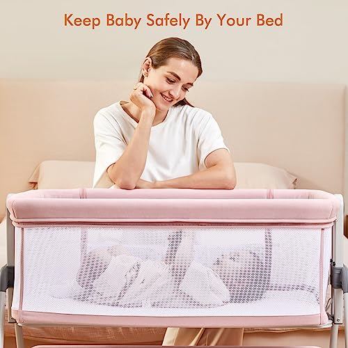 ANGELBLISS Baby Bassinet Bedside Sleeper, Easy Folding Portable Bassinet for Baby with Wheels, Adjustable Height, Included Mattress (Beige)