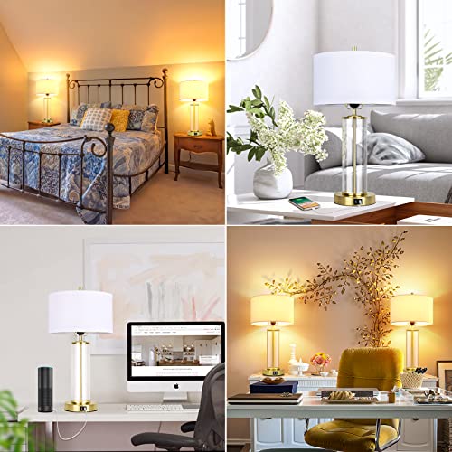 Modern Touch Control Table Lamps with 2 USB Ports for Living Room Set of 2, 3-Way Dimmable Bedside Lamps with White Shades & Clear Glass for Bedroom Nightstand Hotel, Daylight 5000K LED Bulbs Included