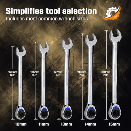 ironcube Ratcheting Wrench Set, 5-Piece, Metric 10mm to 15mm, Chrome Vanadium Steel, 72 Tooth Gear with Storage Rack