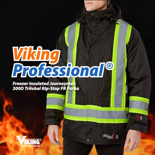 Viking Professional Freezer Insulated Journeyman FR Jacket - Waterproof 300D Trilobal Rip-Stop Hi Vis Jackets for Men, Black - Large