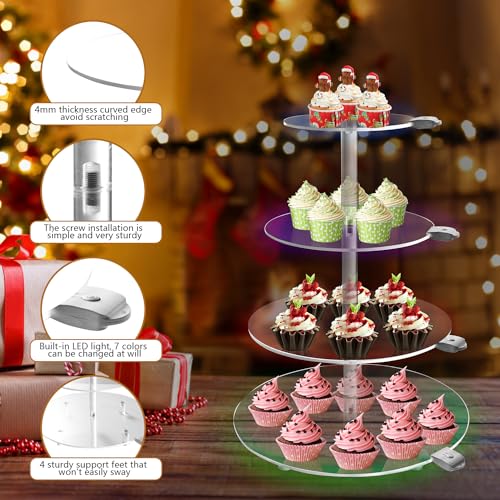 YLSMILE 4 Tier Round Cupcake Stand with LED, Acrylic Tower Display, Premium Holder Dessert Tree Tower for Wedding Birthday Baby Shower Tea Party (1pcs)