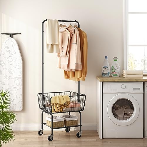 Tajsoon Laundry Cart with Hanging Rack, Metal Laundry Basket with Wheels, Laundry Hamper with Storage Basket and Shelf, Rolling Laundry Cart with Wheels, Black