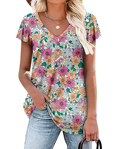Womens Ruffle Short Sleeve Tunic Tops V Neck Loose Fit Flowy Color Bar Summer Tops M