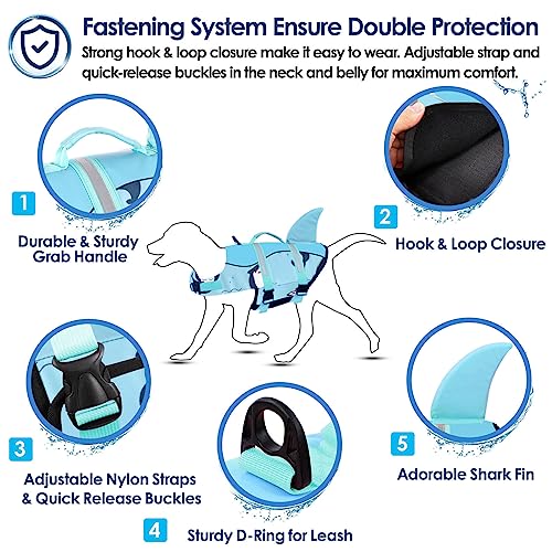 AOFITEE Dog Life Vest, Dog Life Jacket Shark, Ripstop Dog Safety Vest with Superior Buoyancy and Rescue Handle, Adjustable Dog Swimming Vest Dog Float Coat for Small Medium Large Dogs