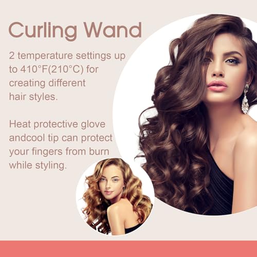 Hair Curling Wand, 1/2-1 Inch Tapered Curling Iron, Professional Ceramic Hair Curler Wand for Long & Short Hair, Curling Iron with 2 Temperature, Include Heat Protective Glove-Pink
