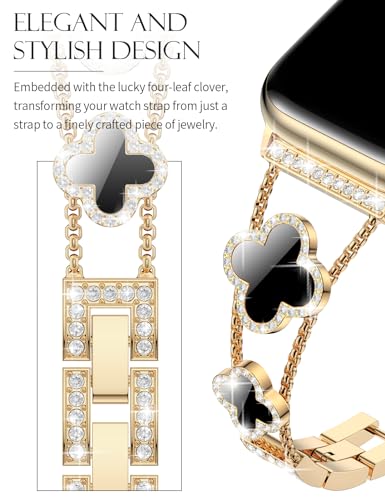 CTYBB Bling Womens Band Compatible with Apple Watch Band 40mm 41mm 38mm Series 9 8 7 6 5 4 3 2 1 SE, Sparkle Diamond Replacement Bracelet Wristband, Cute Lucky Clover Dressy iWatch Band,Gold/Black