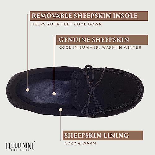 Cloud Nine Sheepskin Slippers Mens Moccasins Shoes - Sheepskin Lined Slip-on Indoor & Outdoor Moccasins for Men Black